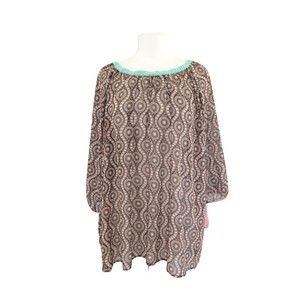 UMGEE Womens XL Top Semi Sheer Peasant Brown Green Pink 3/4 Sleeve Boat Neck